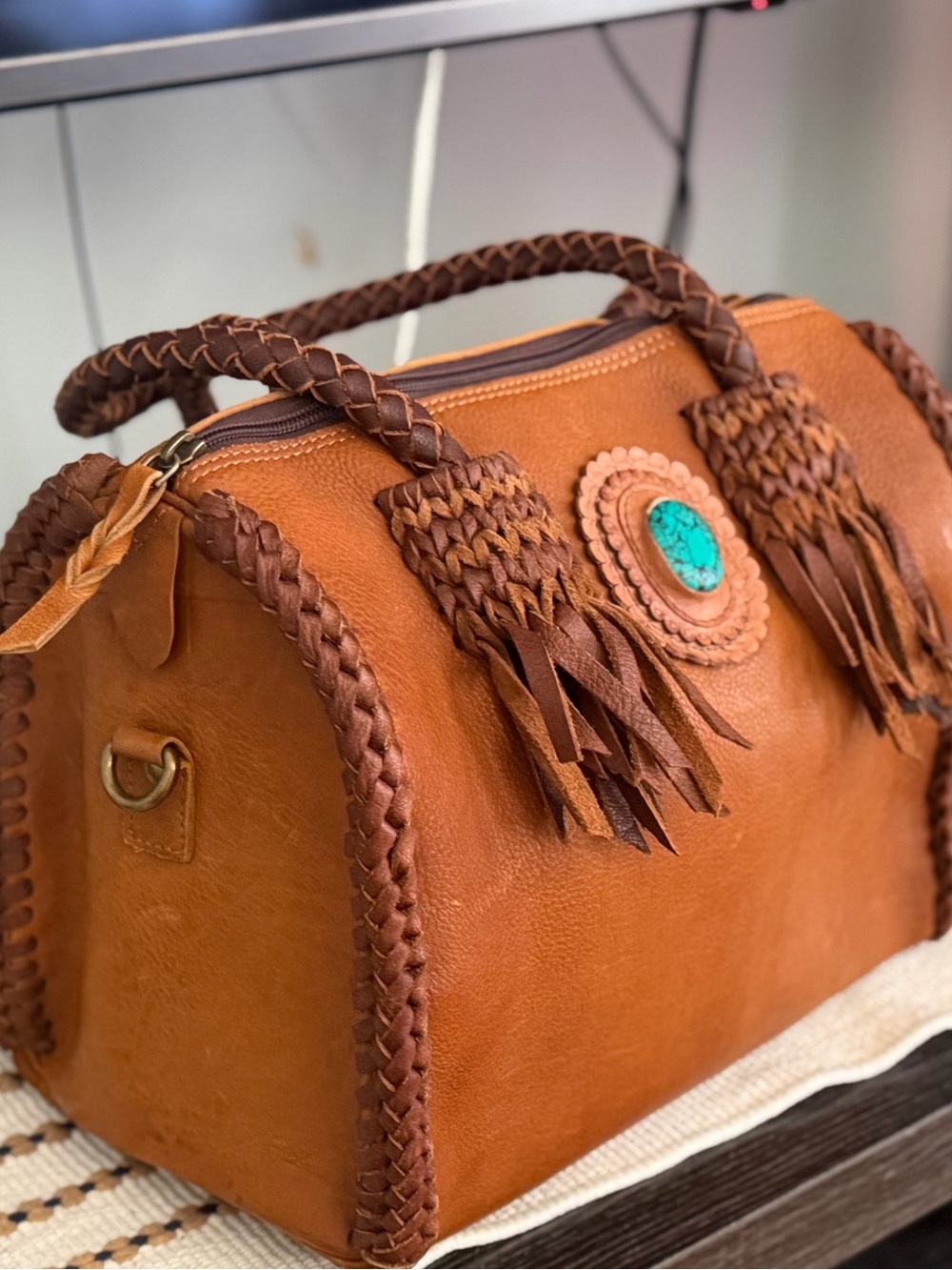 American Darling Western Leather Speedy Bag Turquoise Fringe rare factory error